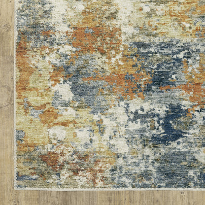 8 x 10 Teal Blue Orange Gold Grey Tan Brown & Beige Printed Stain Resistant Non Skid Rug