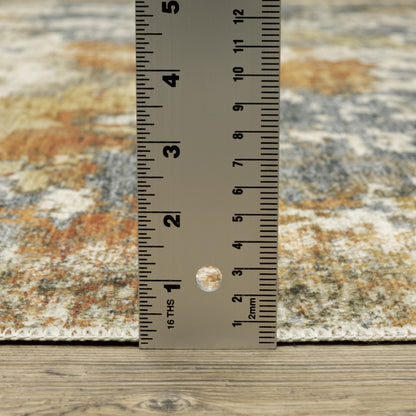 8 x 10 Teal Blue Orange Gold Grey Tan Brown & Beige Printed Stain Resistant Non Skid Rug