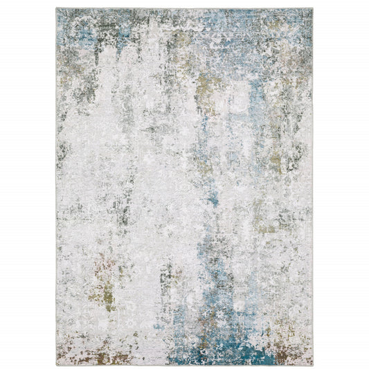 8 x 10 Ivory Teal Blue Grey Brown & Gold Printed Stain Resistant Non Skid Rug