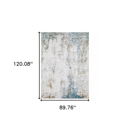 8 x 10 Ivory Teal Blue Grey Brown & Gold Printed Stain Resistant Non Skid Rug