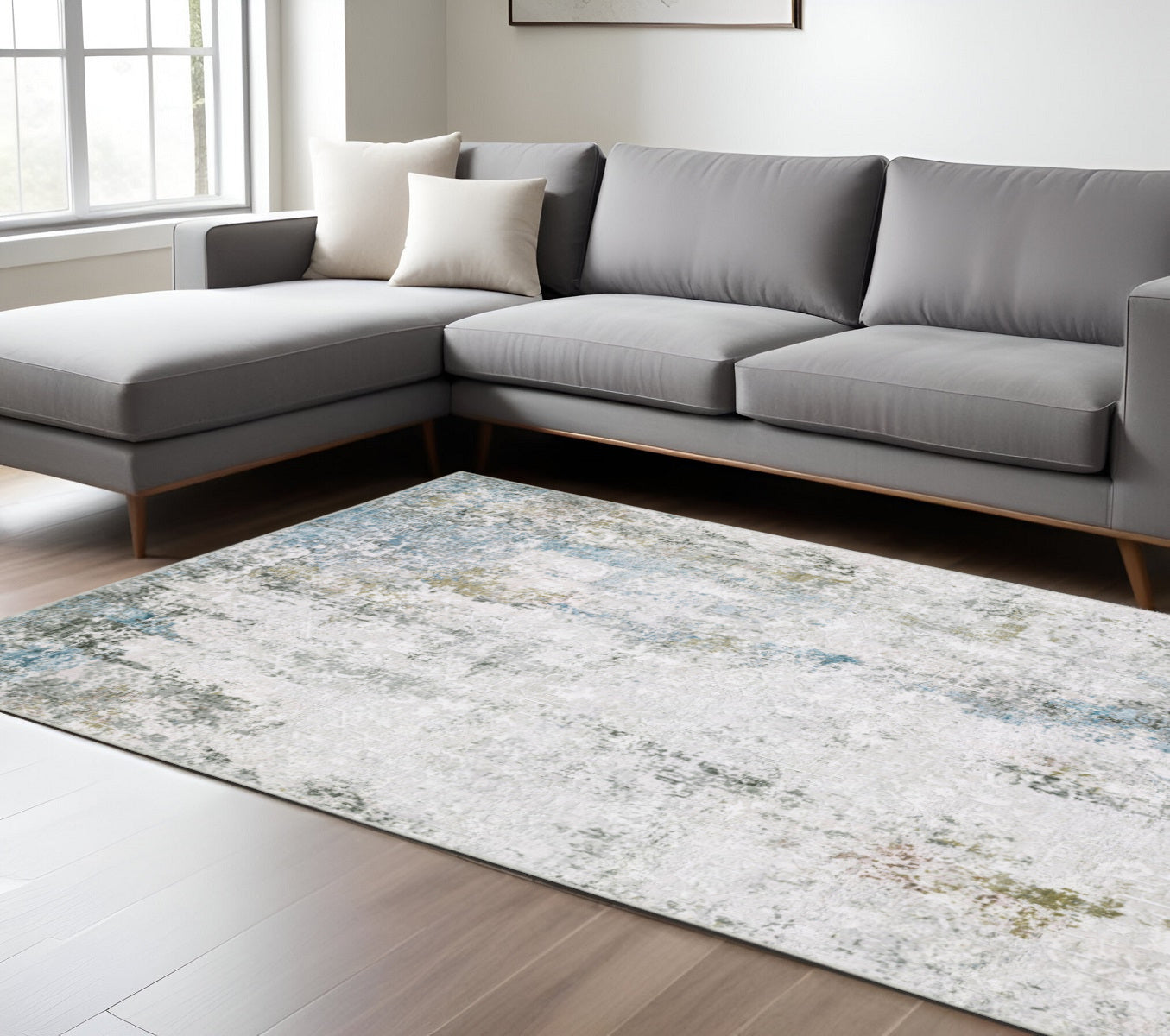 8 x 10 Ivory Teal Blue Grey Brown & Gold Printed Stain Resistant Non Skid Rug