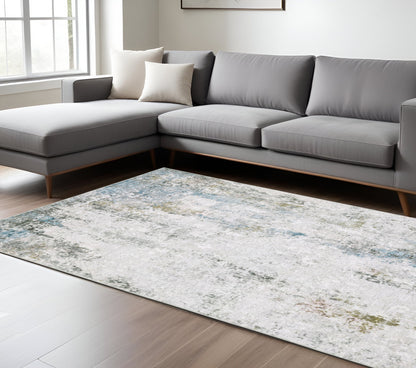 8 x 10 Ivory Teal Blue Grey Brown & Gold Printed Stain Resistant Non Skid Rug