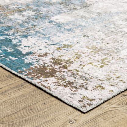 8 x 10 Ivory Teal Blue Grey Brown & Gold Printed Stain Resistant Non Skid Rug