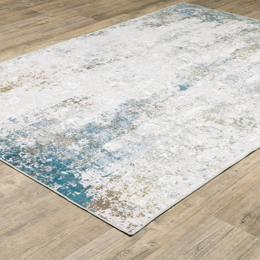 8 x 10 Ivory Teal Blue Grey Brown & Gold Printed Stain Resistant Non Skid Rug