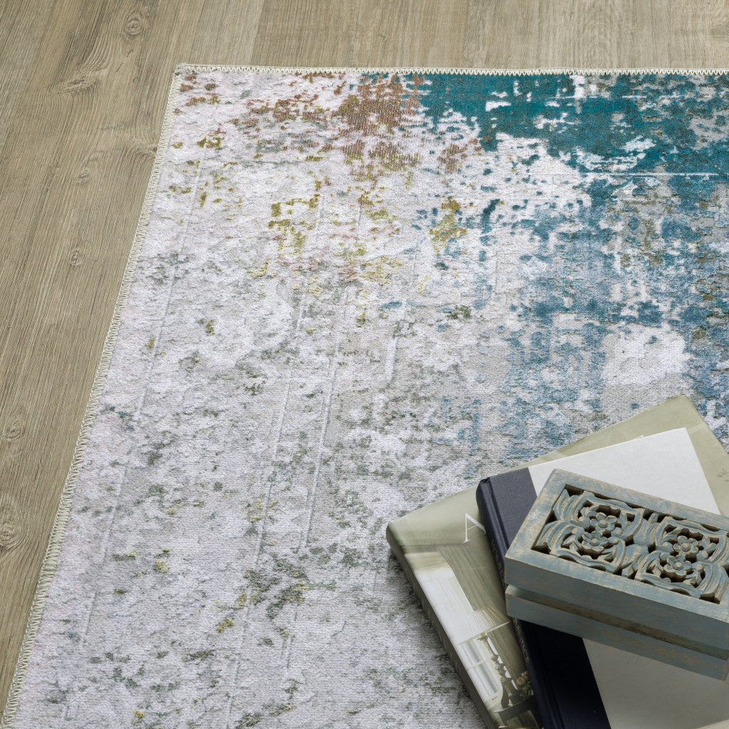 8 x 10 Ivory Teal Blue Grey Brown & Gold Printed Stain Resistant Non Skid Rug