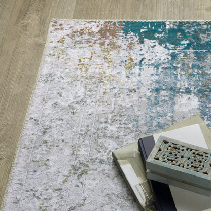 8 x 10 Ivory Teal Blue Grey Brown & Gold Printed Stain Resistant Non Skid Rug