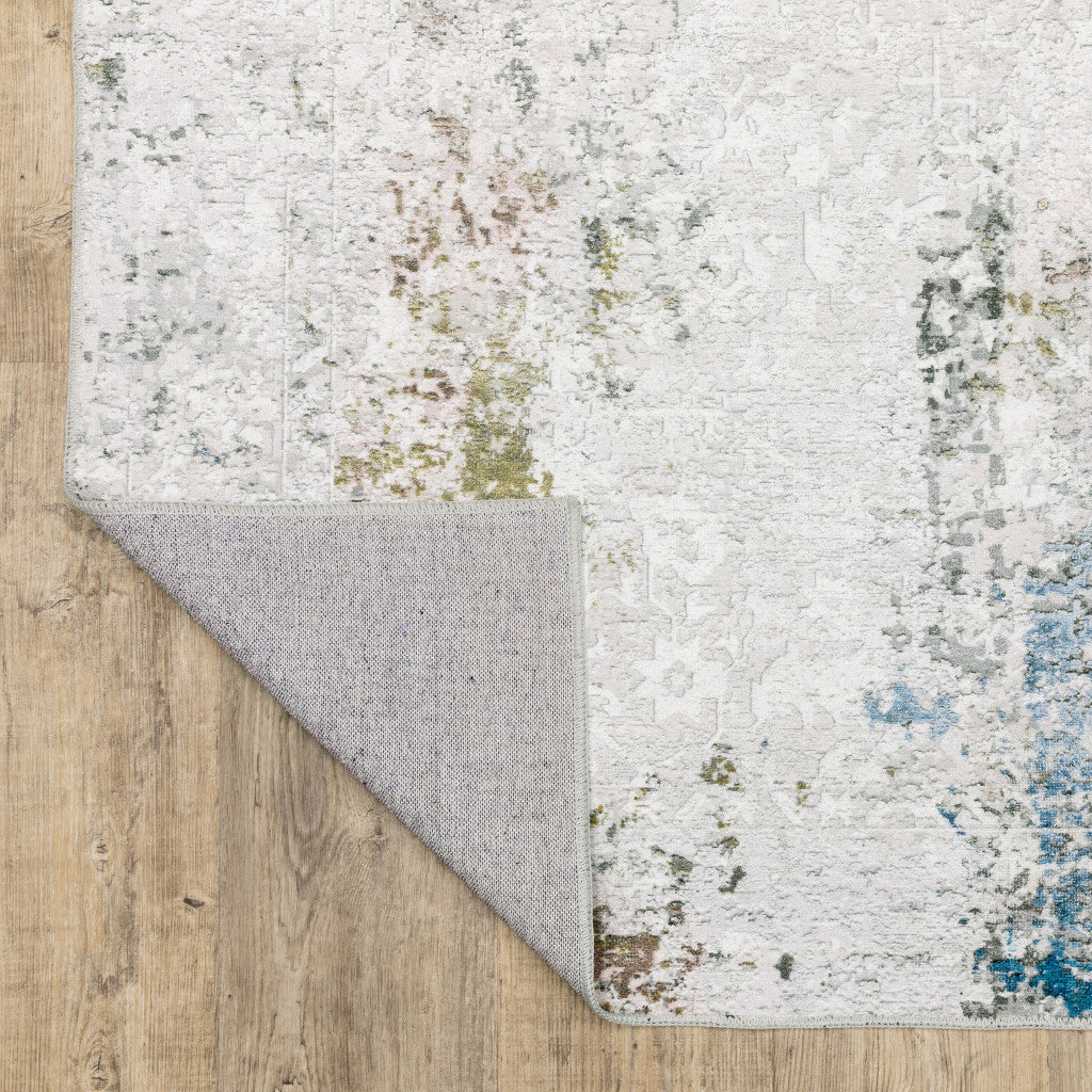 8 x 10 Ivory Teal Blue Grey Brown & Gold Printed Stain Resistant Non Skid Rug
