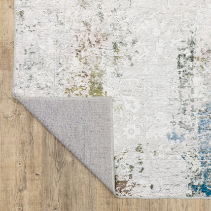 8 x 10 Ivory Teal Blue Grey Brown & Gold Printed Stain Resistant Non Skid Rug