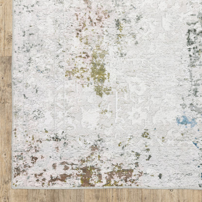 8 x 10 Ivory Teal Blue Grey Brown & Gold Printed Stain Resistant Non Skid Rug