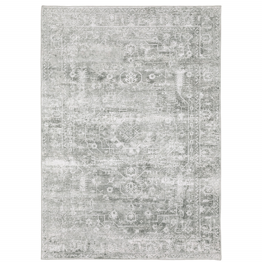 8 x 10 Sage Green Grey Ivory & Silver Oriental Printed Stain Resistant Non Skid Rug