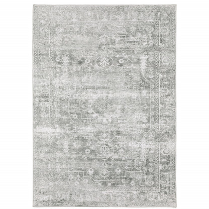 8 x 10 Sage Green Grey Ivory & Silver Oriental Printed Stain Resistant Non Skid Rug