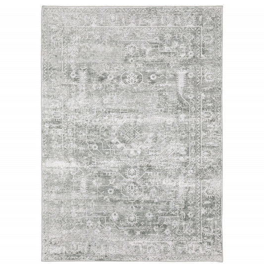 8 x 10 Sage Green Grey Ivory & Silver Oriental Printed Stain Resistant Non Skid Rug
