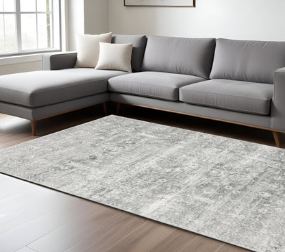 8 x 10 Sage Green Grey Ivory & Silver Oriental Printed Stain Resistant Non Skid Rug
