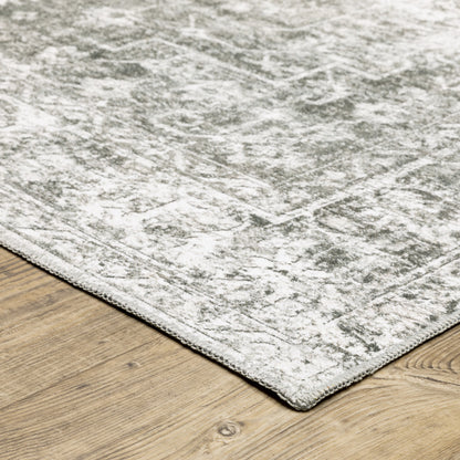 8 x 10 Sage Green Grey Ivory & Silver Oriental Printed Stain Resistant Non Skid Rug