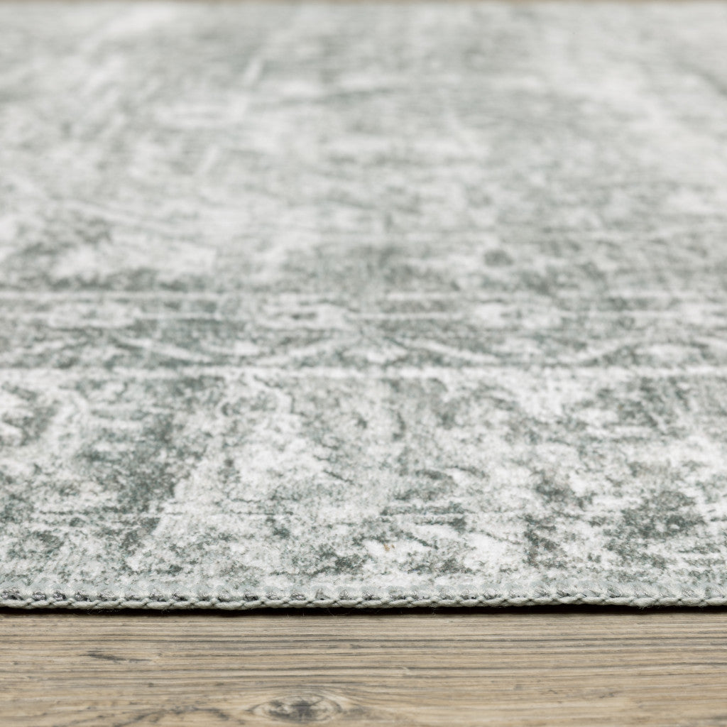 8 x 10 Sage Green Grey Ivory & Silver Oriental Printed Stain Resistant Non Skid Rug