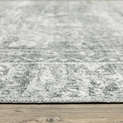 8 x 10 Sage Green Grey Ivory & Silver Oriental Printed Stain Resistant Non Skid Rug