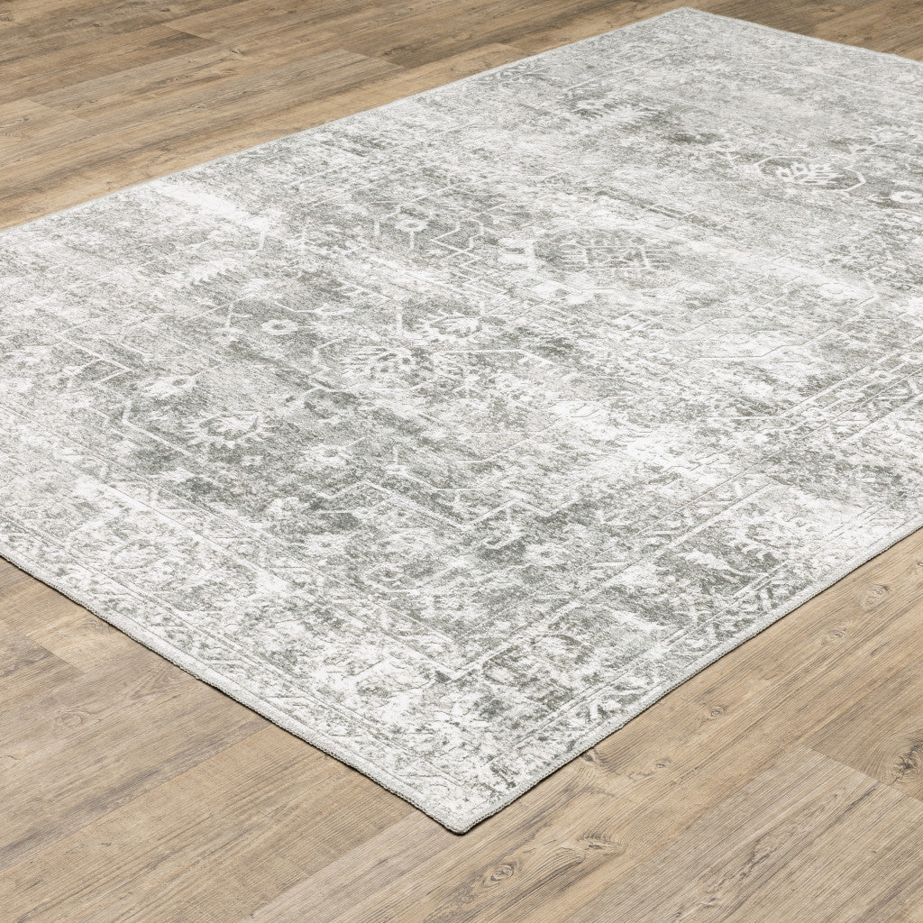 8 x 10 Sage Green Grey Ivory & Silver Oriental Printed Stain Resistant Non Skid Rug