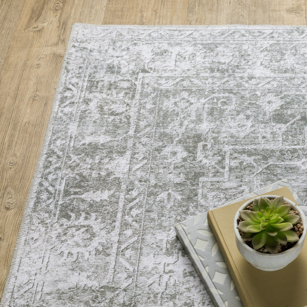 8 x 10 Sage Green Grey Ivory & Silver Oriental Printed Stain Resistant Non Skid Rug