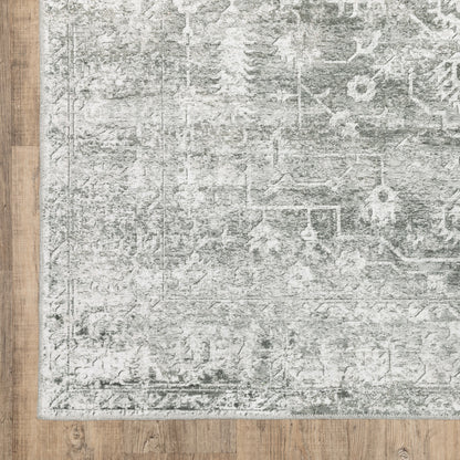 8 x 10 Sage Green Grey Ivory & Silver Oriental Printed Stain Resistant Non Skid Rug