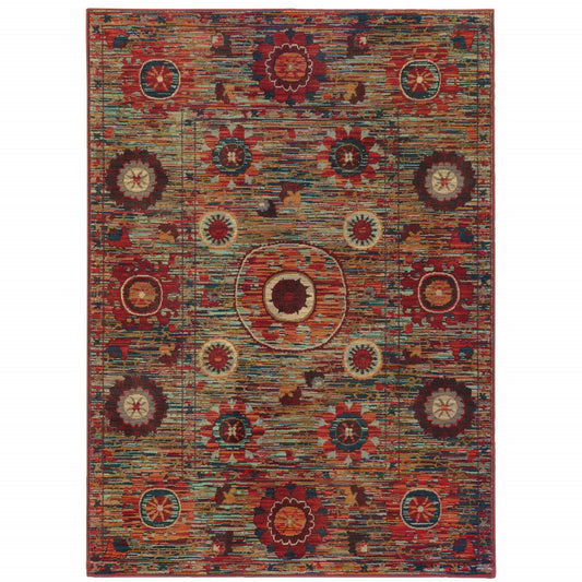 10 x 13 Red Gold Orange Green Ivory Rust & Blue Floral Power Loom Stain Resistant Rug