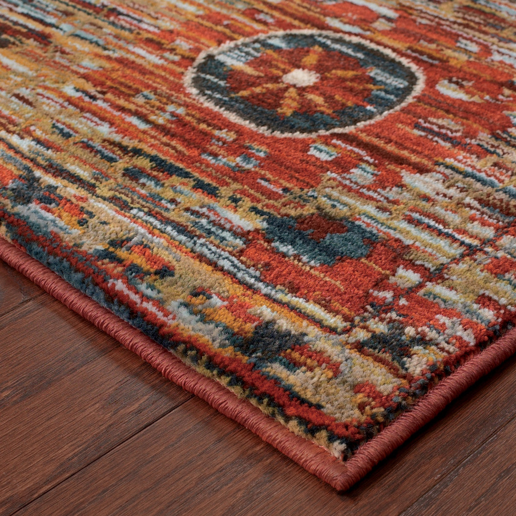 10 x 13 Red Gold Orange Green Ivory Rust & Blue Floral Power Loom Stain Resistant Rug