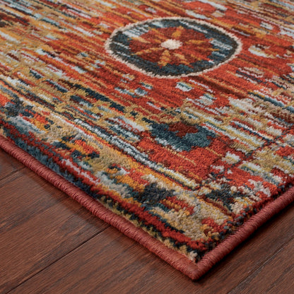 10 x 13 Red Gold Orange Green Ivory Rust & Blue Floral Power Loom Stain Resistant Rug