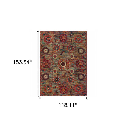 10 x 13 Red Gold Orange Green Ivory Rust & Blue Floral Power Loom Stain Resistant Rug