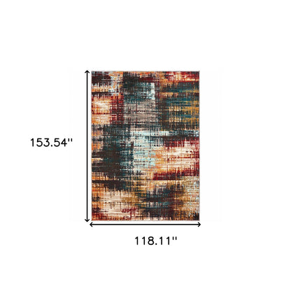 10 x 13 Blue Gold Red & Grey Power Loom Stain Resistant Rug