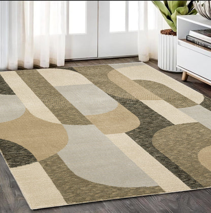 5 x 7 Brown & Ivory Geometric Power Loom Rug
