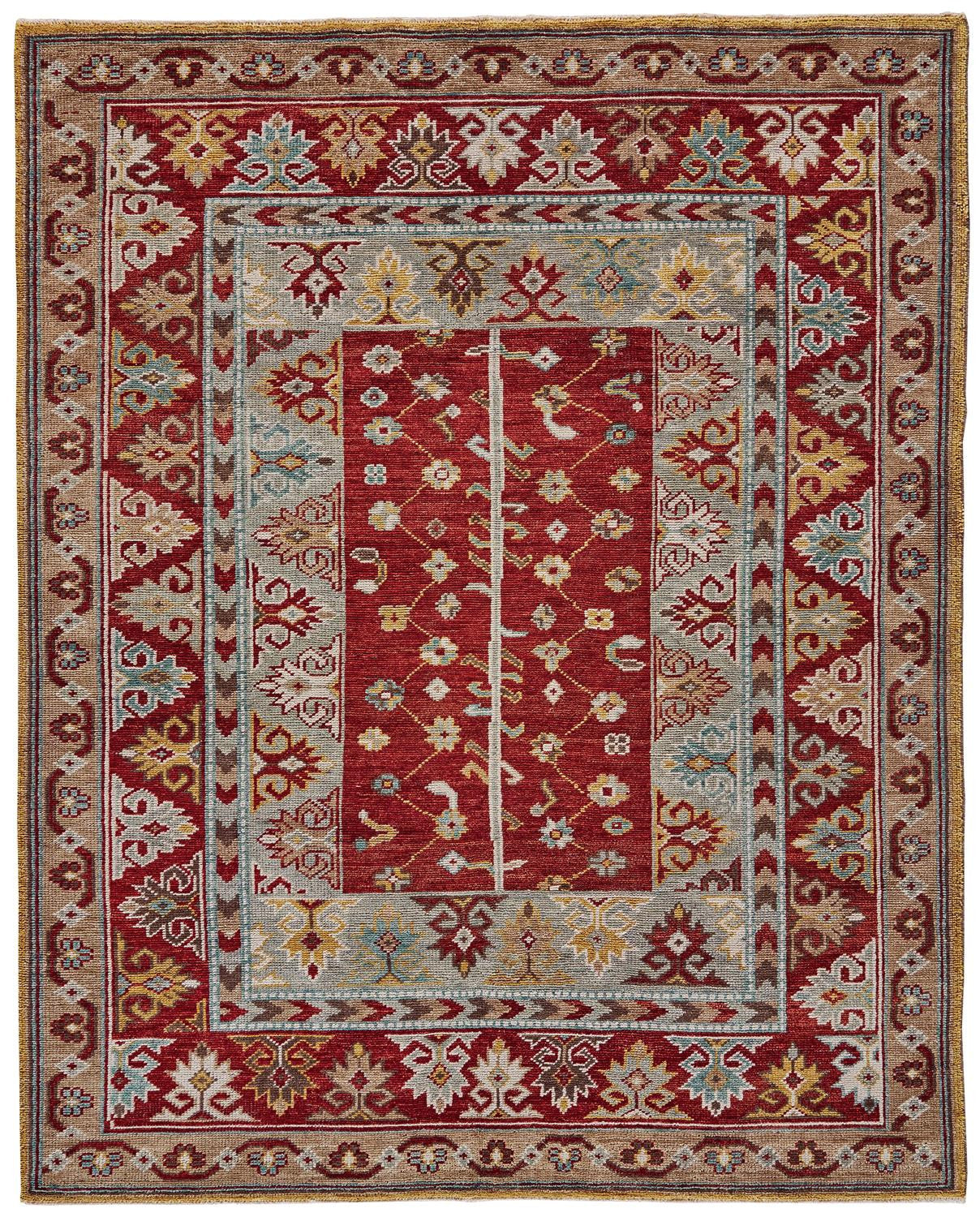 8 x 10 Red Blue & Brown Wool Floral Hand Knotted Distressed Stain Resistant Rug With Fringe