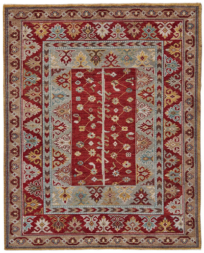 8 x 10 Red Blue & Brown Wool Floral Hand Knotted Distressed Stain Resistant Rug With Fringe
