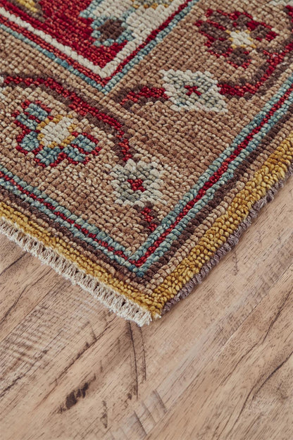 8 x 10 Red Blue & Brown Wool Floral Hand Knotted Distressed Stain Resistant Rug With Fringe
