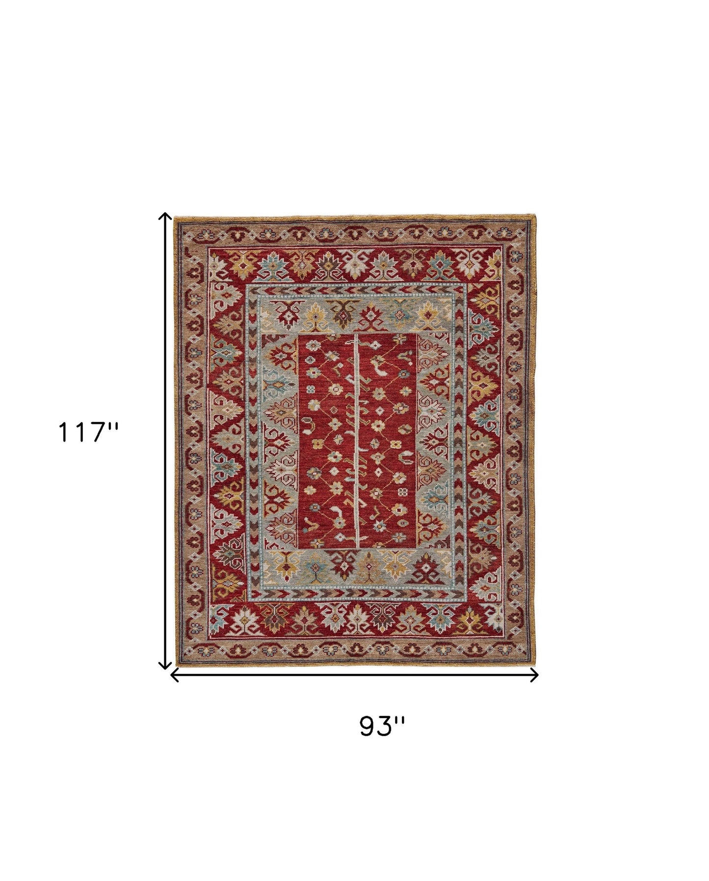 8 x 10 Red Blue & Brown Wool Floral Hand Knotted Distressed Stain Resistant Rug With Fringe