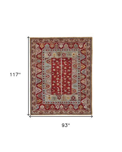 8 x 10 Red Blue & Brown Wool Floral Hand Knotted Distressed Stain Resistant Rug With Fringe