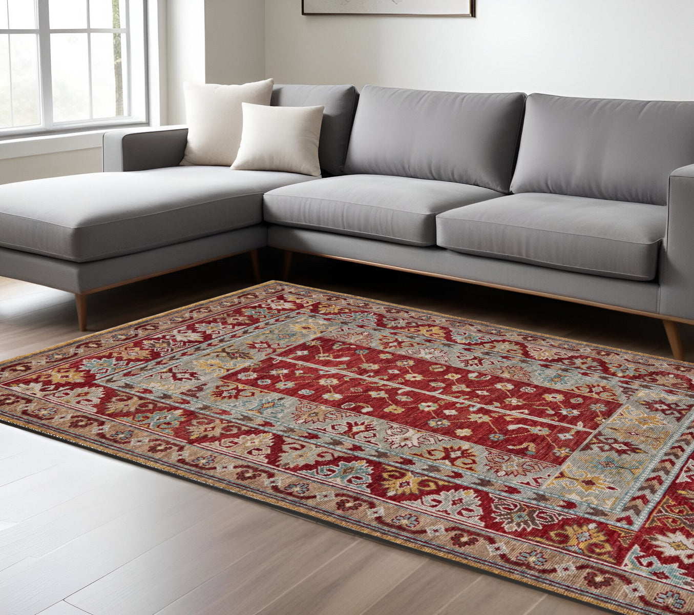 8 x 10 Red Blue & Brown Wool Floral Hand Knotted Distressed Stain Resistant Rug With Fringe