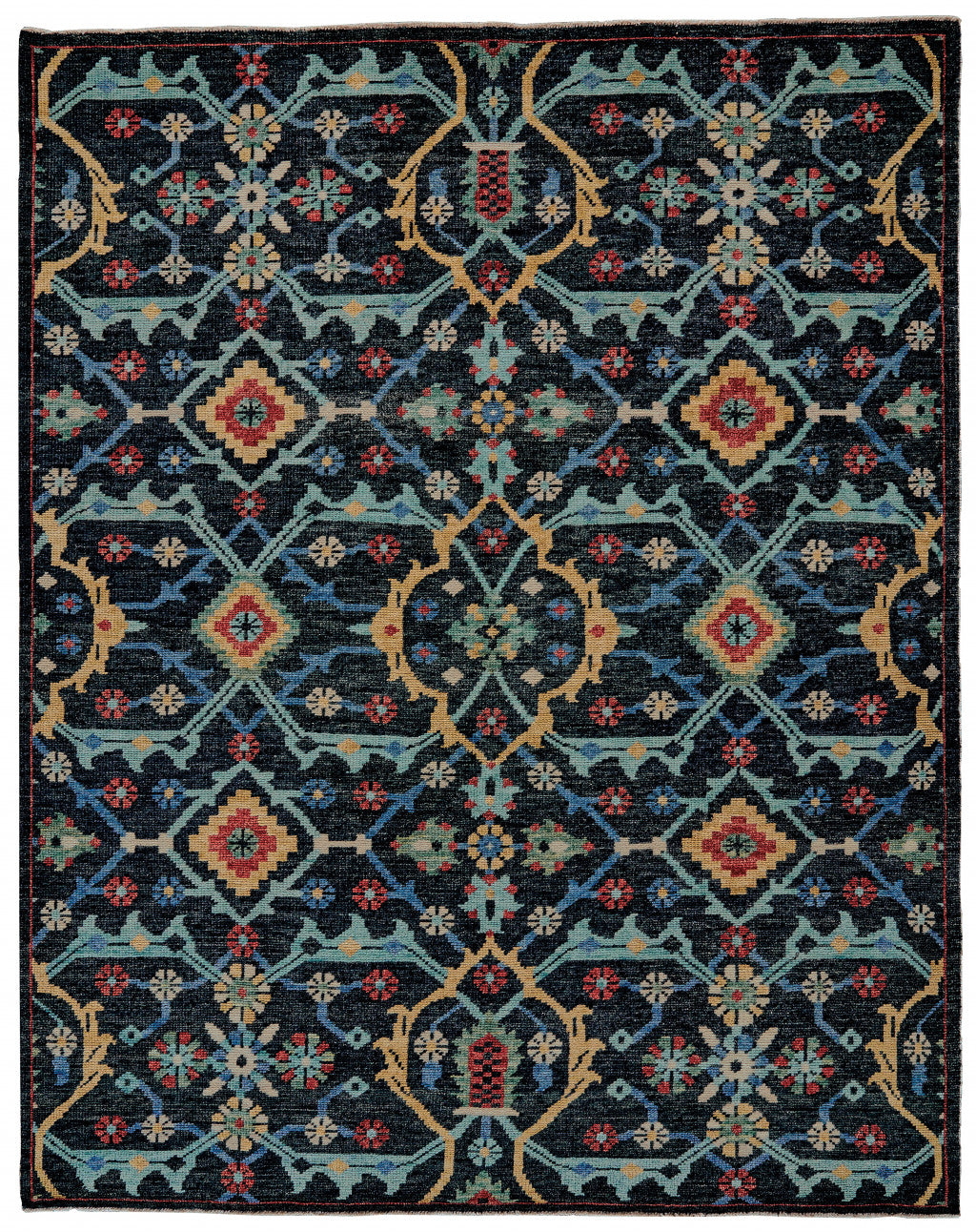 9 x 12 Blue Yellow & Red Wool Floral Hand Knotted Distressed Stain Resistant Rug With Fringe