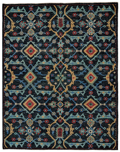 9 x 12 Blue Yellow & Red Wool Floral Hand Knotted Distressed Stain Resistant Rug With Fringe
