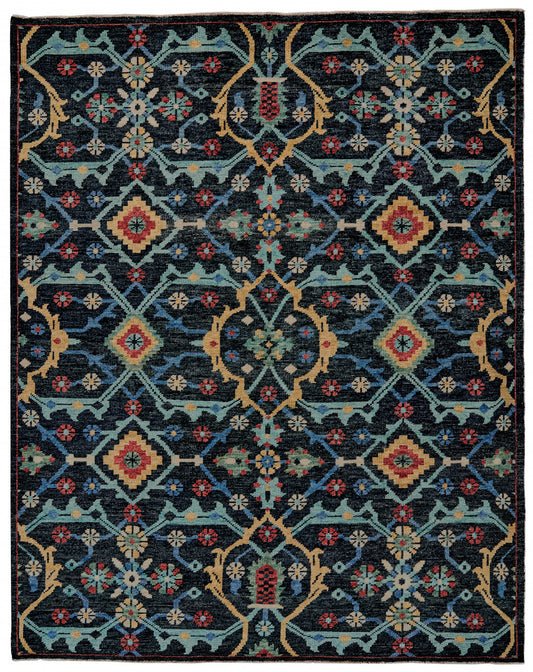 9 x 12 Blue Yellow & Red Wool Floral Hand Knotted Distressed Stain Resistant Rug With Fringe