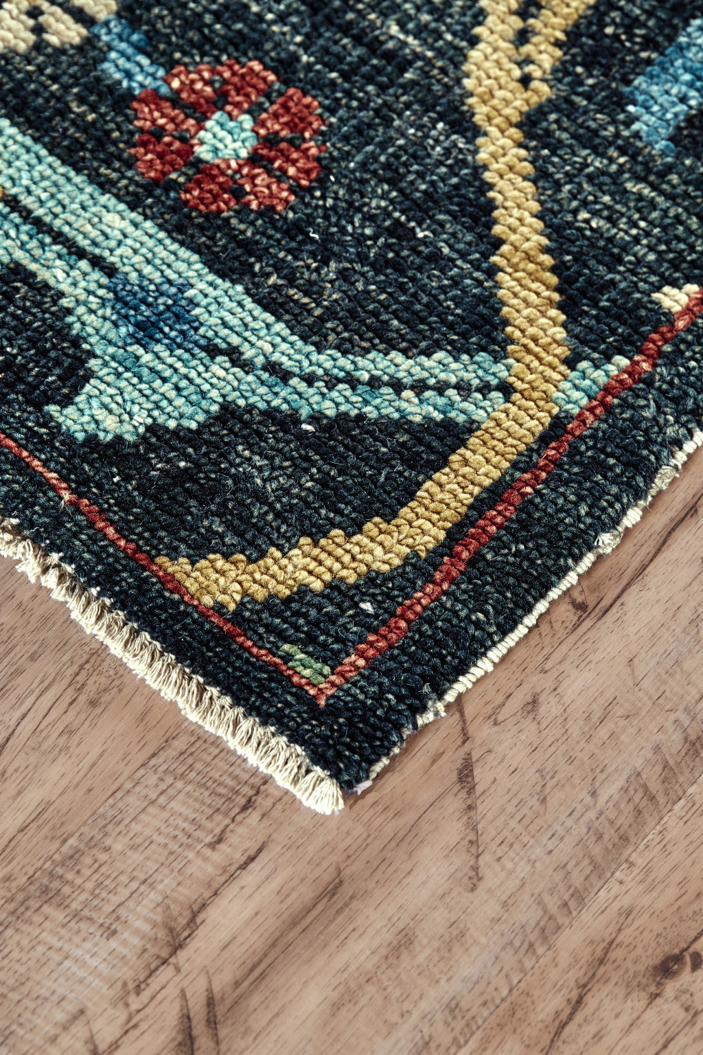 9 x 12 Blue Yellow & Red Wool Floral Hand Knotted Distressed Stain Resistant Rug With Fringe