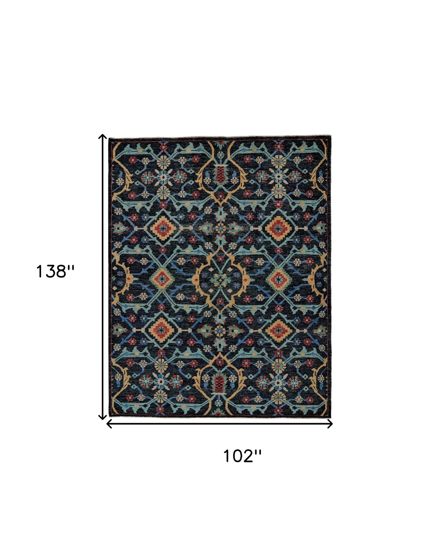 9 x 12 Blue Yellow & Red Wool Floral Hand Knotted Distressed Stain Resistant Rug With Fringe