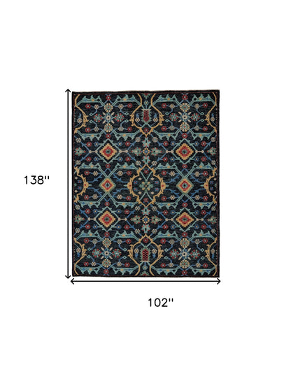 9 x 12 Blue Yellow & Red Wool Floral Hand Knotted Distressed Stain Resistant Rug With Fringe
