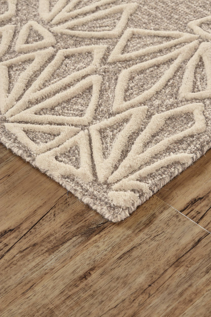 10 x 13 Tan & Ivory Wool Geometric Tufted Handmade Stain Resistant Rug