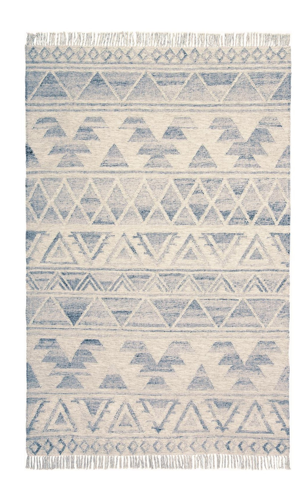 9 x 12 Blue & Ivory Wool Geometric Flatweave Handmade Rug With Fringe