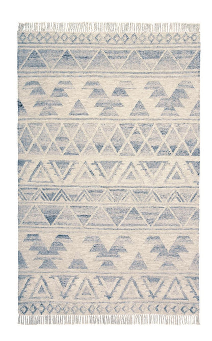 9 x 12 Blue & Ivory Wool Geometric Flatweave Handmade Rug With Fringe