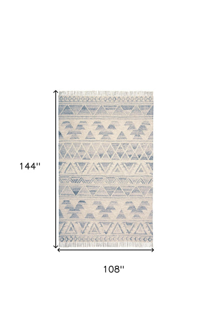 9 x 12 Blue & Ivory Wool Geometric Flatweave Handmade Rug With Fringe