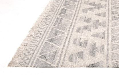 9 x 12 Blue & Ivory Wool Geometric Flatweave Handmade Rug With Fringe