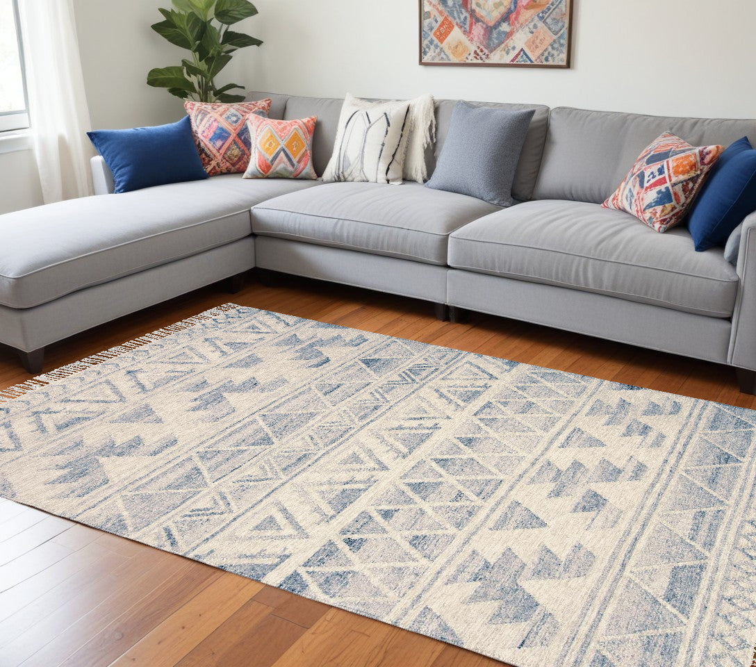 9 x 12 Blue & Ivory Wool Geometric Flatweave Handmade Rug With Fringe