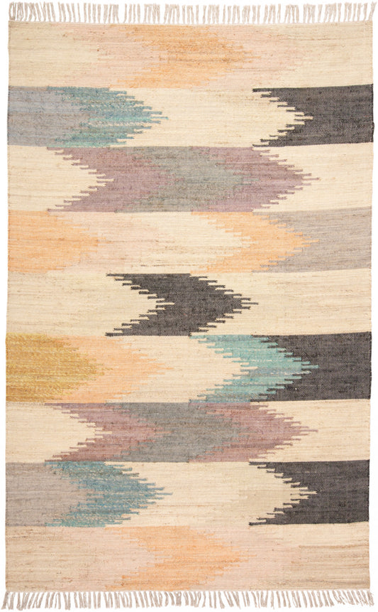 9 x 12 Tan Blue & Orange Geometric Dhurrie Flatweave Handmade Rug With Fringe