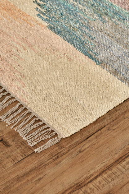 9 x 12 Tan Blue & Orange Geometric Dhurrie Flatweave Handmade Rug With Fringe