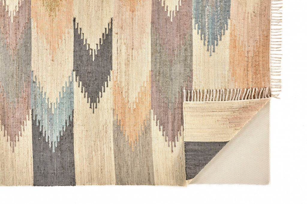9 x 12 Tan Blue & Orange Geometric Dhurrie Flatweave Handmade Rug With Fringe